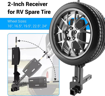 Kojem RV Spare Tire Carrier for 16inches 16.5inches 19.5inches 22.5inches and 24inches RV Motorhomes Wheels 2 Inch Receiver Mount, 10,000-pound Capacity, 400-pound Tongue Weight LYAM-X1042S