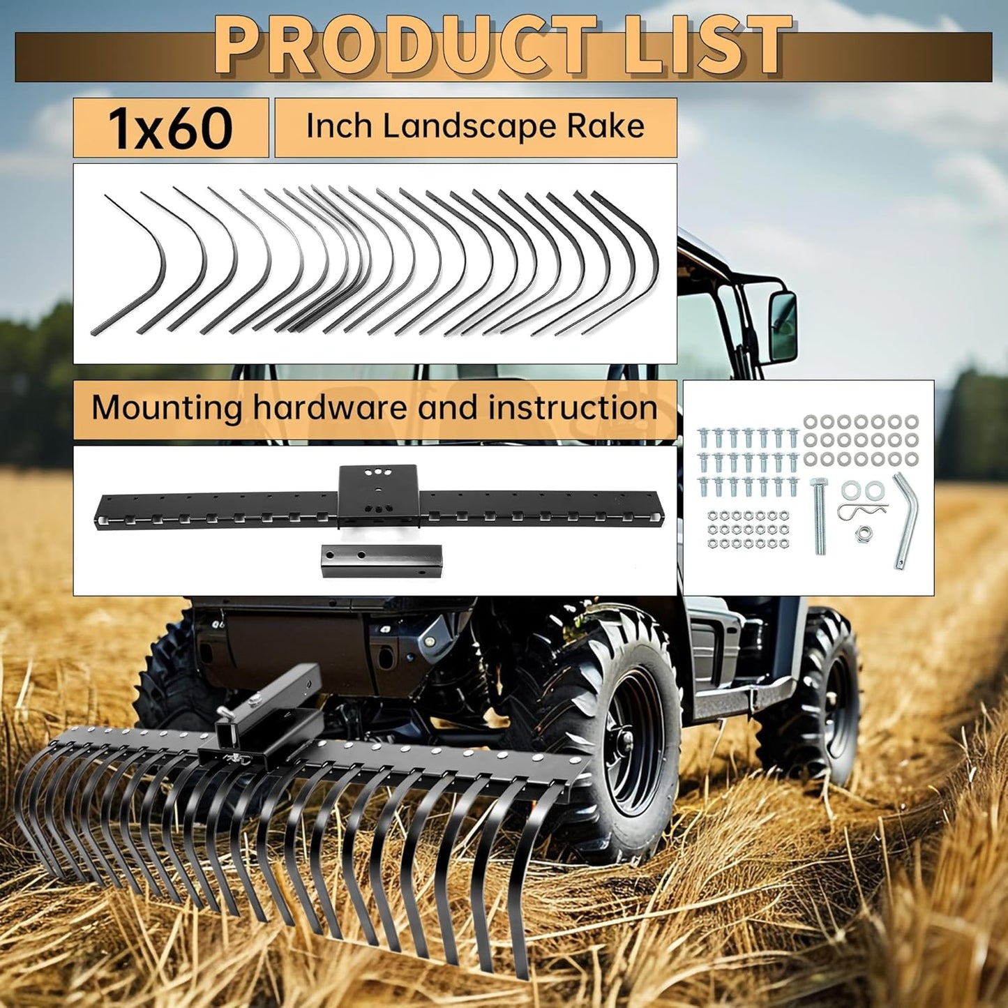 KUAFU 60 Inch Landscape Rake Pine Straw Rake Tractors Rake Fit for 2 Inch Receiver ATV UTV SxS Features 48inches or 60inches Accessory Tool Bar & 3 Point Hitch System Powder Coated Steel LYOM-003