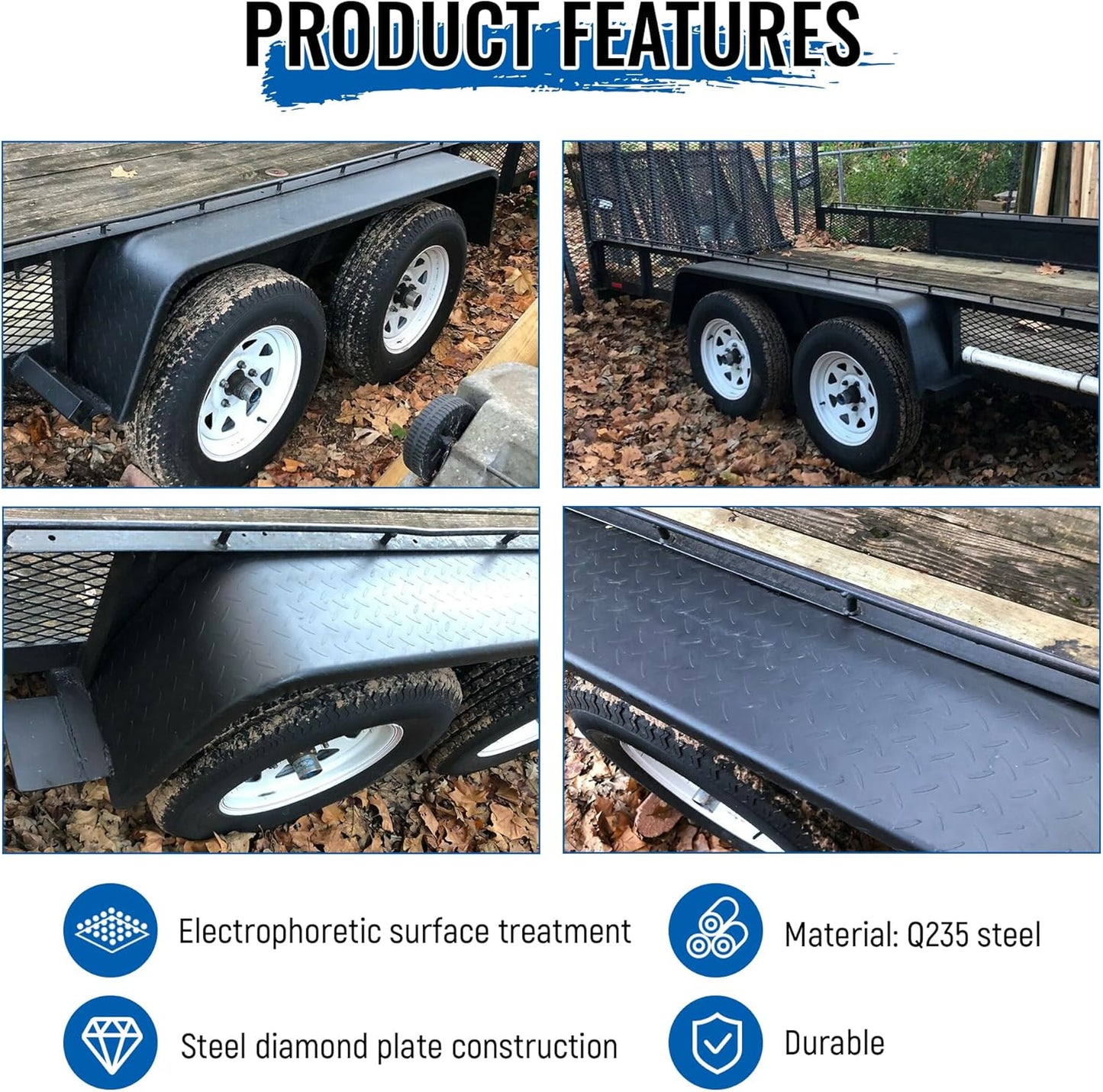 HECASA Tandem Axle Trailer 10-1/4inchesx72-7/8inchesx13inches Fit 13inches-15inches Tires Car Hauler Trailer,Cargo Trailer,Utility Trailer,Landscape Trailer Heavy Duty Unpainted Steel Diamond Fenders Tread Plate (2 Fenders) LYAM-336
