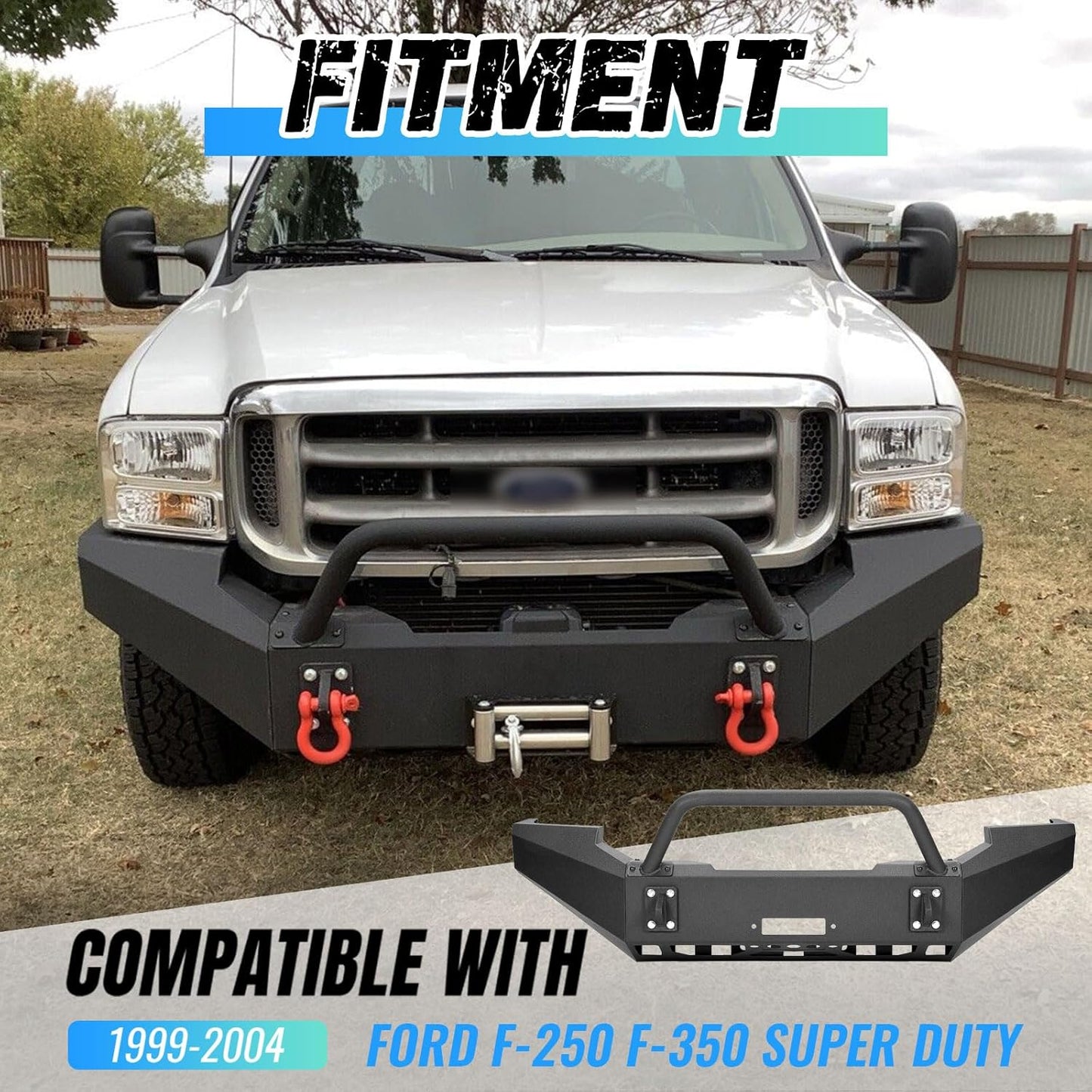 ?KUAFU Front Bumper Assembly Compatible with 1999-2004 Ford F250 F350 F-250 F-350 Super Duty Steel Powder Coated w/Winch Plate Two Packages LYAM-X1255A+LYAM-X1255B