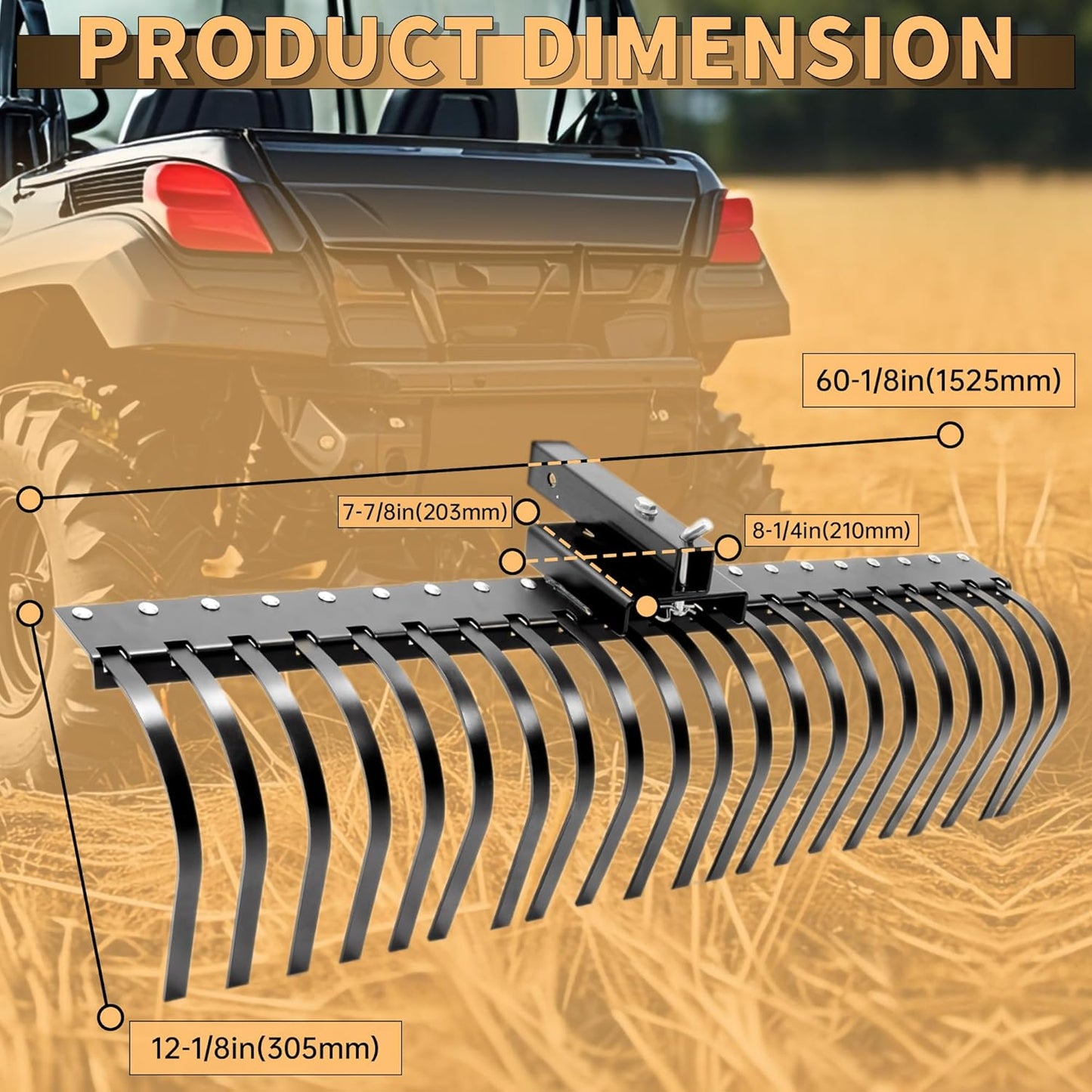 KUAFU 60 Inch Landscape Rake Pine Straw Rake Tractors Rake Fit for 2 Inch Receiver ATV UTV SxS Features 48inches or 60inches Accessory Tool Bar & 3 Point Hitch System Powder Coated Steel LYOM-003