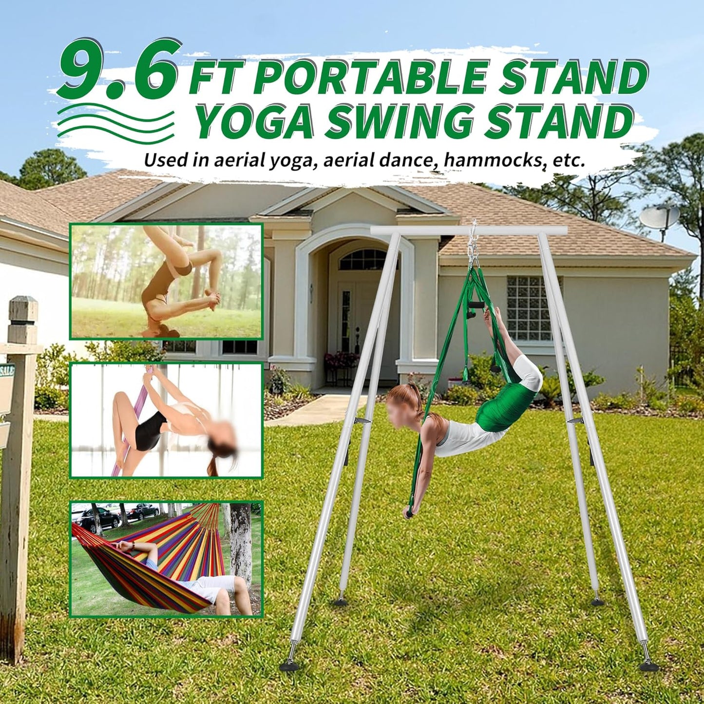 KUAFU 9.6 FT Portable Stand Yoga Swing Stand 551 LBS Aerial Yoga Frame Yoga Sling Inversion Equipment Steel Silvery for Indoor and Outdoor Triangle Structure LYOM-120T-1