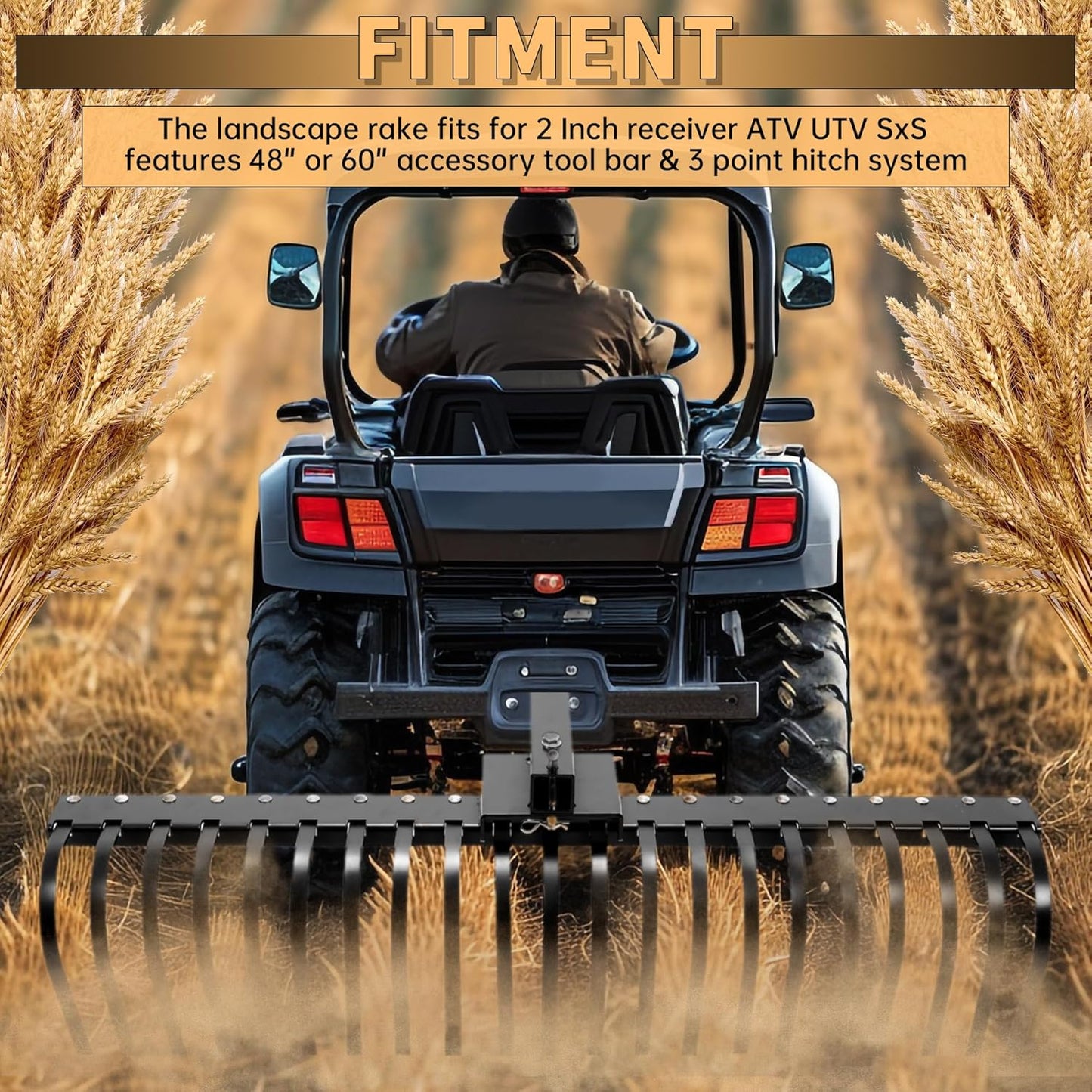 KUAFU 60 Inch Landscape Rake Pine Straw Rake Tractors Rake Fit for 2 Inch Receiver ATV UTV SxS Features 48inches or 60inches Accessory Tool Bar & 3 Point Hitch System Powder Coated Steel LYOM-003