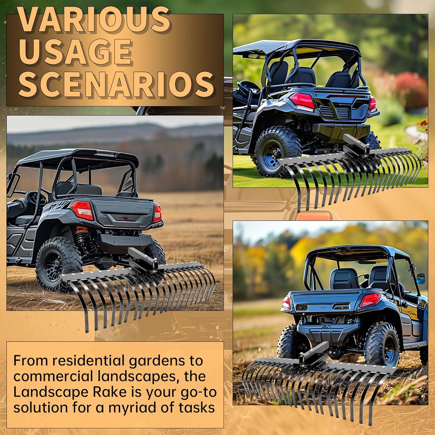 KUAFU 60 Inch Landscape Rake Pine Straw Rake Tractors Rake Fit for 2 Inch Receiver ATV UTV SxS Features 48inches or 60inches Accessory Tool Bar & 3 Point Hitch System Powder Coated Steel LYOM-003