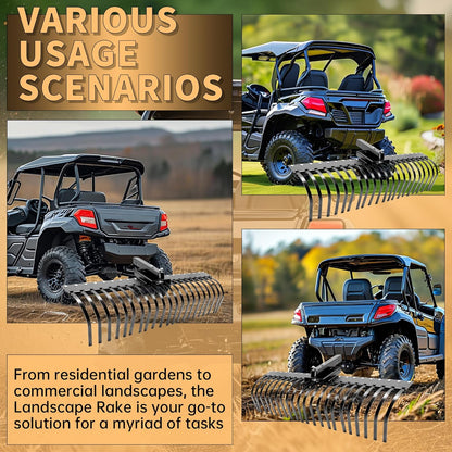 KUAFU 60 Inch Landscape Rake Pine Straw Rake Tractors Rake Fit for 2 Inch Receiver ATV UTV SxS Features 48inches or 60inches Accessory Tool Bar & 3 Point Hitch System Powder Coated Steel LYOM-003