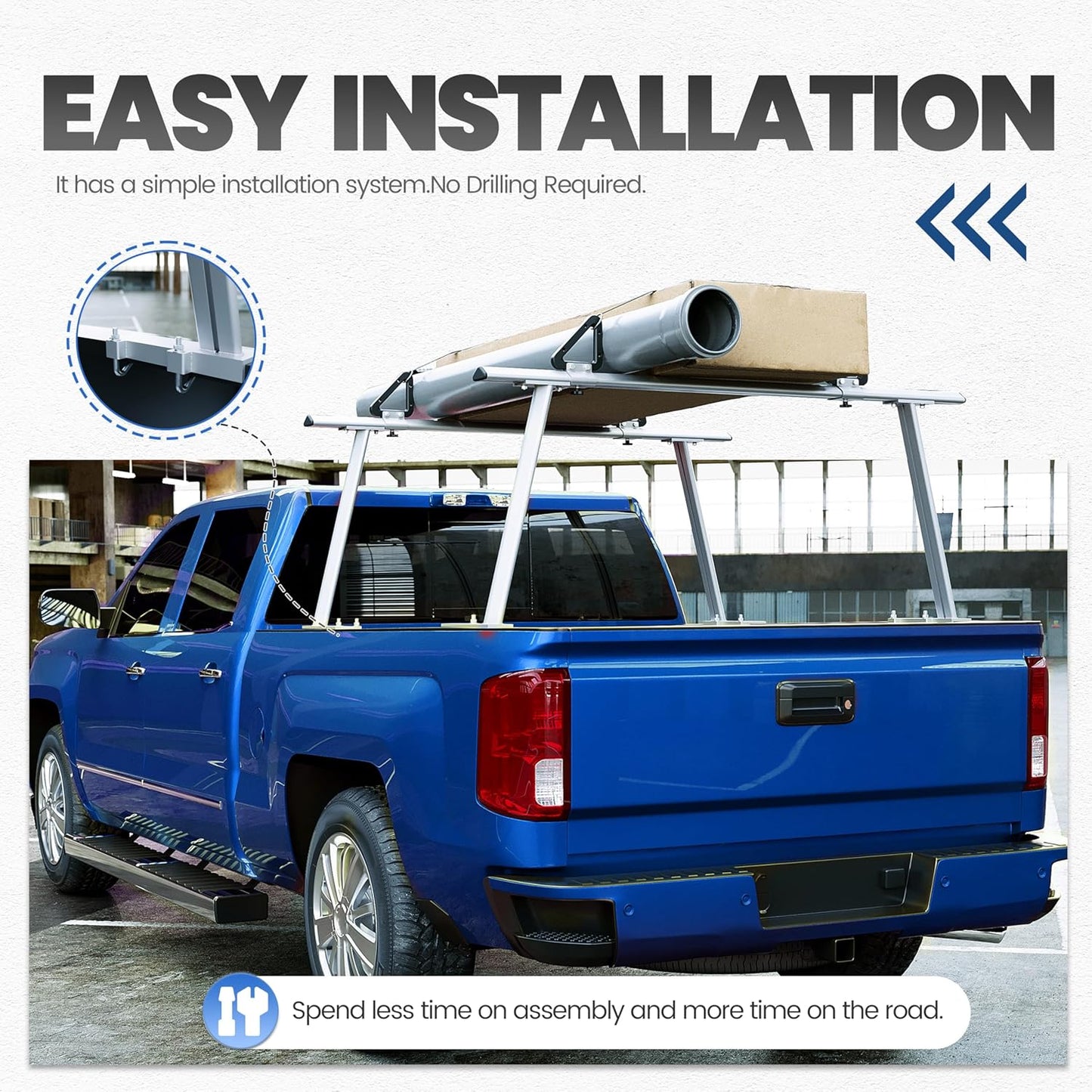 ECOTRIC Adjustable Truck Ladder Rack Compatible with Most Full Size and Compact Trucks Contractor Pipe Lumber Rack (No Drilling Required) 1,000lbs Weight Capacity Silvery LYAM-791