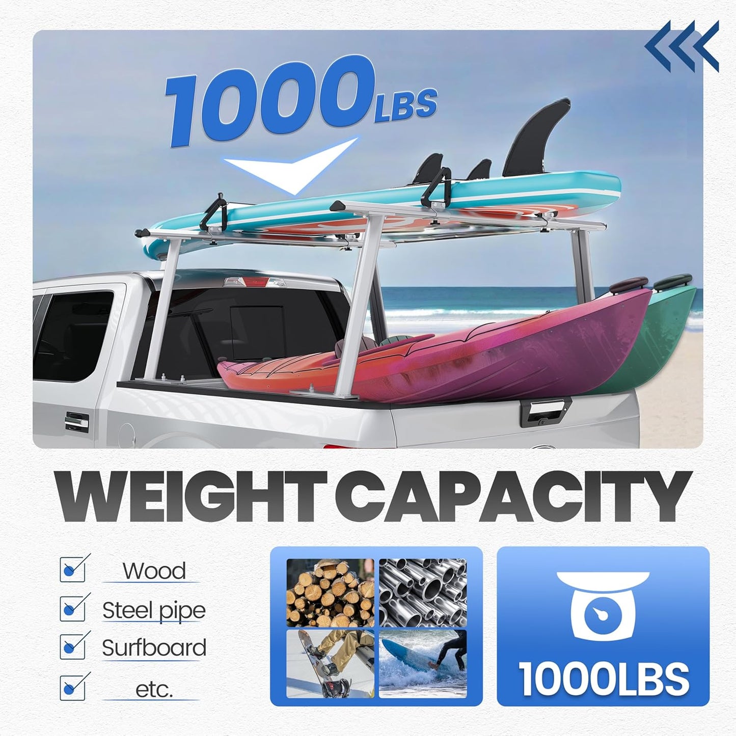 ECOTRIC Adjustable Truck Ladder Rack Compatible with Most Full Size and Compact Trucks Contractor Pipe Lumber Rack (No Drilling Required) 1,000lbs Weight Capacity Silvery LYAM-791