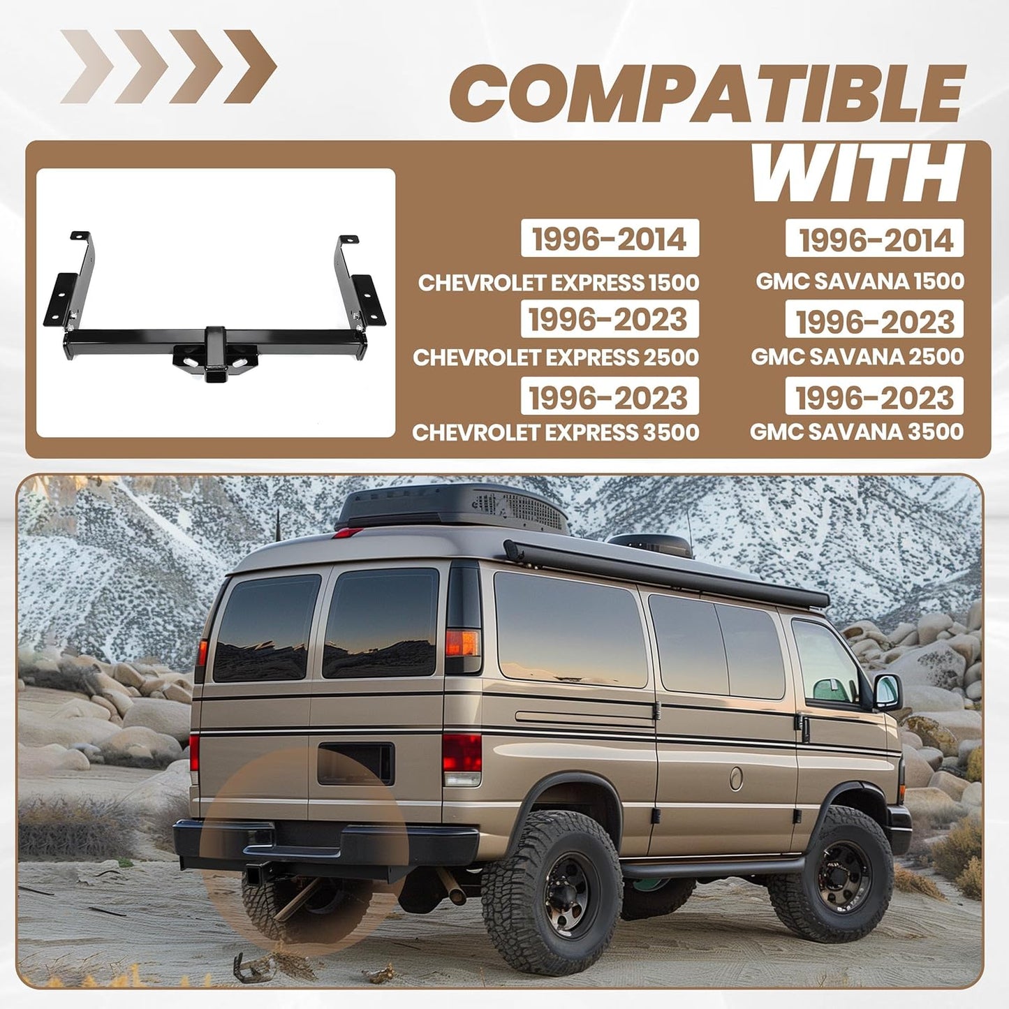 KUAFU 2 Inch Class 3 Trailer Hitch Compatible with 1996-2023 Chevrolet Express 1500 2500 3500 GMC Savana 1500 2500 3500 Towing Hitch Mount Receiver LYAM-693