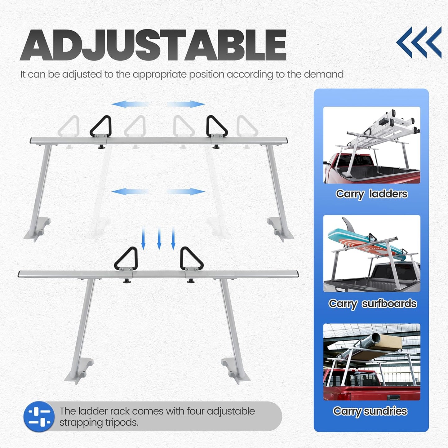 ECOTRIC Adjustable Truck Ladder Rack Compatible with Most Full Size and Compact Trucks Contractor Pipe Lumber Rack (No Drilling Required) 1,000lbs Weight Capacity Silvery LYAM-791