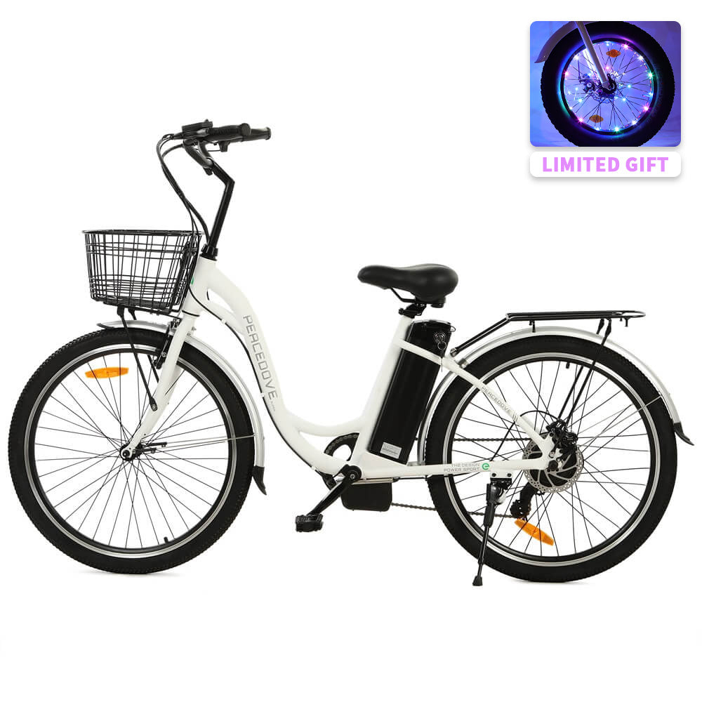 Ecotric 26inch White Peacedove electric city bike with basket and rear rack