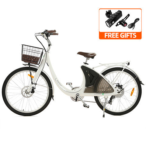 Ecotric 26inch White Lark Electric City Bike For Women with basket and rear rack